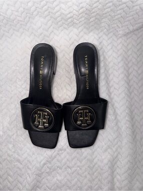 Tommy Hilfiger Black Slide Mules with Gold Logo Medallion
